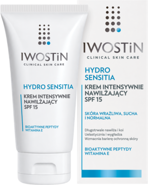 Krem Iwostin Hydro Sensitia SPF 15, intensywnie nawilżający, w białej tubce i pudełku, widok z przodu.