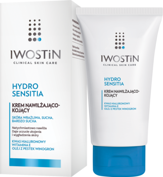 Krem nawilżająco-kojący Iwostin Hydro Sensitia: białe pudełko i tubka, widok z przodu, z niebieskim napisem.