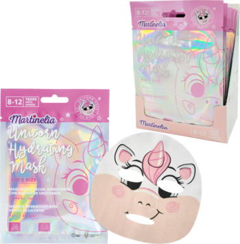 Martinelia Unicorn Hydrating Mask w różowym opakowaniu z hologramem, widok z przodu, obok maska-jednorożec.