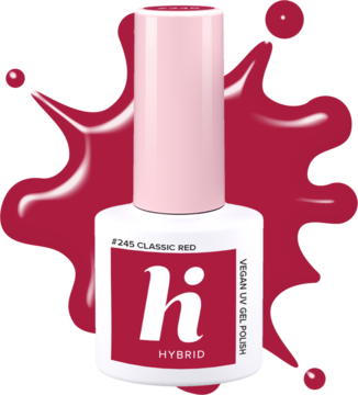Hi Hybrid lakier hybrydowy UV #245 Classic Red w białej butelce z różową nakrętką, na tle czerwonych kropel.
