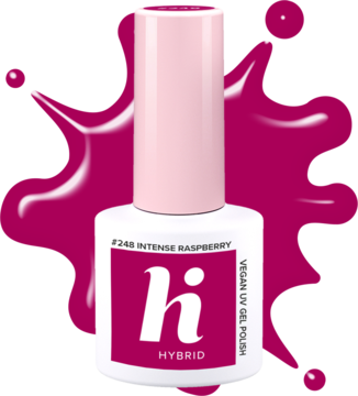 Intensywny malinowy lakier hybrydowy hi HYBRID #248 Vegan UV Gel Polish, butelka z różową nakrętką.