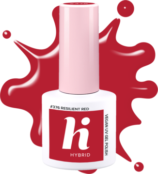 Czerwony lakier hybrydowy hi hybrid #376 Resilient Red, vegan UV gel, butelka z różową nakrętką, na czerwonym tle.