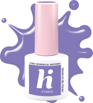 Lakier hybrydowy Hi Hybrid #382 Whimsical Wisteria, butelka w pastelowym fiolecie z różową nakrętką, napis 'VEGAN UV GEL POLISH'.