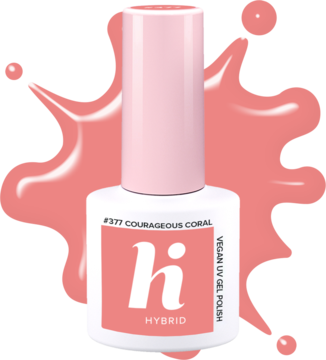 Hi Hybrid lakier żelowy #377 Courageous Coral, koralowo-pomarańczowy, w białej butelce z różową nakrętką, widok z przodu.