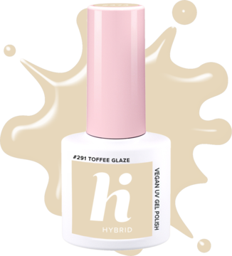Hi Hybrid UV gel polish #291 Toffee Glaze, kremowy beż, biała butelka z różową nakrętką na beżowej plamie.