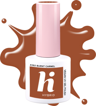 Lakier hybrydowy hi #292 Burnt Carmel w białej butelce z różową nakrętką, na tle błyszczącego rozlewu.