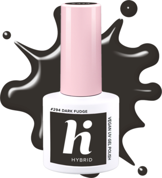 Ciemnobrązowy lakier hybrydowy hi hybrid #294 Dark Fudge, z różową nakrętką, na tle ciemnej, rozlanej plamy.