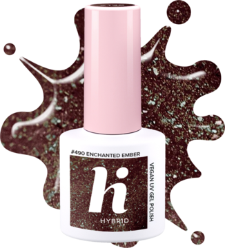 Lakier hybrydowy Hi Hybrid #490 Enchanted Ember, miedziano-brązowy z opalizującym złotym brokatem. Elegancki efekt.