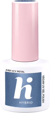 Butelka wegańskiego lakieru hybrydowego hi HYBRID #491 Icy Petal. Jasny błękit z brokatem, różowa nakrętka.