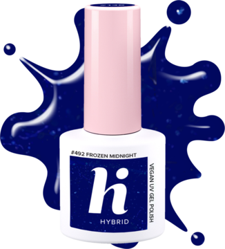 Lakier hybrydowy Frozen Midnight #492, głęboki granat z niebieskim brokatem, butelka z różową nakrętką, widok z przodu.