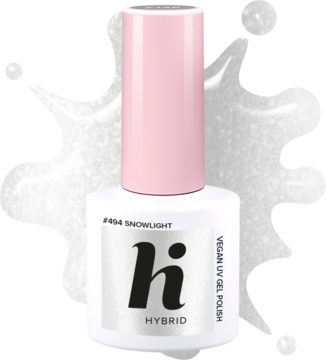 Hybrydowy lakier hi HYBRID #493 Snowlight, perłowa biel, półtransparentny. Biała butelka, różowa nakrętka.