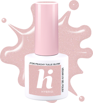 Biała butelka lakieru hybrydowego hi #136 Peachy Tulle Glow z różową nakrętką, brzoskwiniowy nude z brokatem.