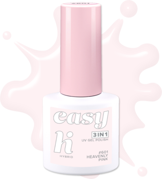 Lakier hybrydowy hi hybrid easy 3w1 w kolorze #601 Heavenly Pink, rozbielony róż. Biała butelka, różowa nakrętka, przód.