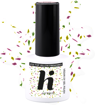 Top hybrydowy hi Hybrid #03 Yellow Fireworks, biała butelka z kolorowymi drobinkami, widok z przodu.