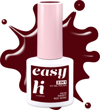 Biała butelka lakieru hybrydowego Easy Hi 3w1 #620 Sweet Red Wine z różową nakrętką, na tle czerwonych smug.