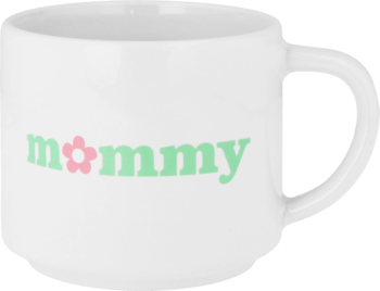 Biały kubek mini mommy, 280 ml, z zielonym napisem 'mommy' i różowym kwiatem jako 'o', widok z przodu.