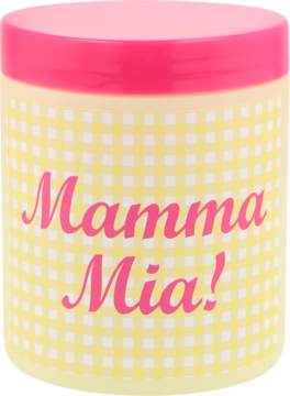 Eloy świeca zapachowa, żółty słoik w kratkę z różową pokrywką i napisem Mamma Mia!, ujęcie frontalne.