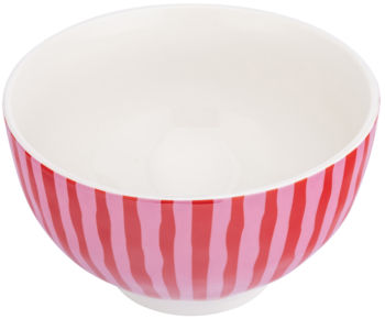 Różowa ceramiczna miseczka w pionowe paski, białe wnętrze. Widok z góry, do serwowania płatków.