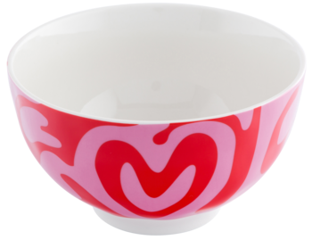 Miska ceramiczna z białym wnętrzem, na zewnątrz różowo-czerwony, sercowy wzór w spirale. Widok z boku.