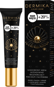 Czarna tuba kremu Dermika Luxury Caviar pod oczy i powieki, ze złotym kwiatem, obok pudełka, widok z przodu.