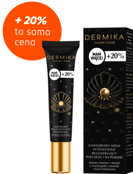 Dermika Luxury Caviar kawiorowy krem pod oczy, czarna tubka ze złotym kwiatem i pudełko +20%, widok z przodu.
