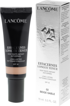 Korektor Lancôme Effacernes Longue Tenue w czarnej tubce i jego pudełko, odcień 02 Beige Sable, SPF 30.