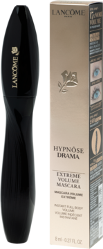 Lancôme Hypnôse Drama, czarny tusz ekstremalnie pogrubiający i jego złote opakowanie z logo, widok z przodu.