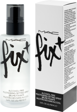 MAC Fix+ bezalkoholowy spray utrwalający makijaż w matowej butelce z czarnym atomizerem obok białego kartonika.