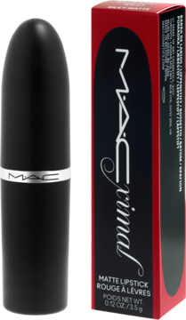 Matowa pomadka MAC Ximal Silky Matte Russian Red w czarnej tubce obok pudełka z logo, widok z przodu.