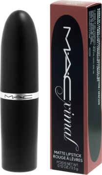 Matowa pomadka MAC Ximal Velvet Teddy, czarna z srebrnym paskiem, obok brązowe pudełko z logo. Widok z przodu.