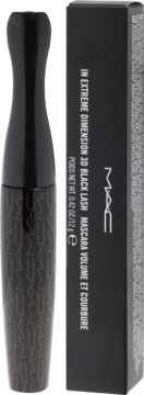 Tusz MAC In Extreme Dimension 3D Black Lash. Czarne opakowanie i tubka z tekstem, widok z przodu.