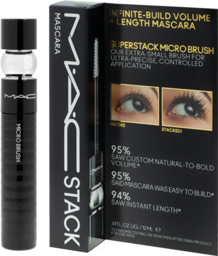 MAC Stack mascara: czarna tubka Micro Brush i pudełko z opisem "VOLUME + LENGTH", ilustrujące efekt na rzęsach.