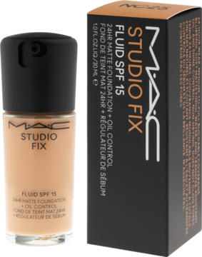 Matujący podkład MAC Studio Fix Fluid SPF 15 w beżowej butelce z pompką i czarnym pudełkiem, widok z przodu pod kątem.