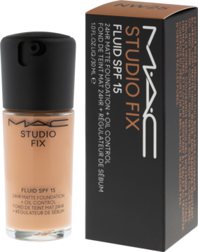 MAC Studio Fix Fluid SPF 15, matujący podkład do twarzy w szklanej butelce i czarnym pudełku, widok z przodu.