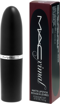Czarna matowa pomadka MAC Ximal Diva obok eleganckiego pudełka z logo, widok z przodu.