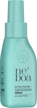 Turkusowy spray Neboa Extra Volume na objętość włosów z pompką, widok z przodu. Opakowanie dla wszystkich typów włosów.