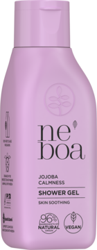 Neboa Jojoba Calmness Shower Gel w jasnofioletowej butelce, widok z przodu, z logo i informacją 96% Natural.