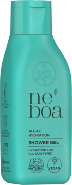 Turkusowy żel pod prysznic Neboa Algae Hydration w butelce, białe napisy, front.