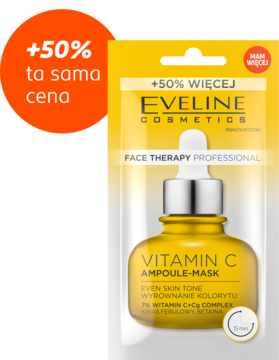 Eveline Vitamin C Ampoule-Mask w żółtej saszetce, widok z przodu, z ofertą +50% więcej produktu.