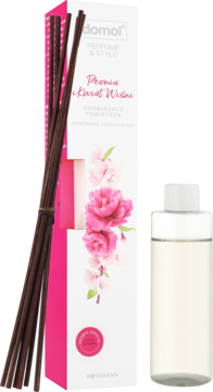 Domol Perfume & Style, patyczki zapachowe peonia i kwiat wiśni: różowe pudełko, brązowe patyczki i butelka, widok z przodu.