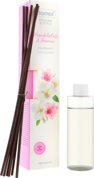 Dyfuzor zapachowy domol Mandelblüte & Jasmin: białe pudełko, patyczki, butelka płynu, widok z przodu.