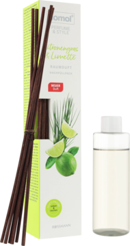 domol Perfume & Style Lemongrass & Lime: białe opakowanie z zielenią, patyczkami i butelką uzupełniacza, widok z przodu.