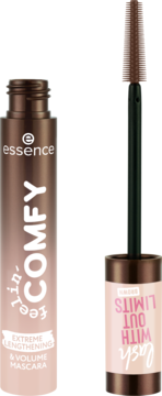Brązowy tusz Essence Feel n' COMFY Extreme Lengthening & Volume Mascara, otwarta tubka i wyjęta szczoteczka obok.