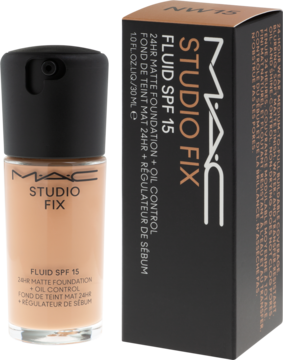 Matujący podkład MAC Studio Fix Fluid SPF 15 w beżowej butelce z pompką i brązowym opakowaniem kartonowym.