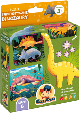Puzzle CzuCzu Fantastyczne Dinozaury, wiek 3+. Kolorowe ilustracje prehistorycznych gadów na pudełku, widok z przodu.