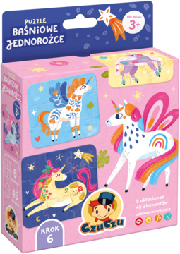 Czuczu puzzle Baśniowe Jednorożce, różowe pudełko, widok z przodu, z barwnymi jednorożcami dla dzieci 3+.