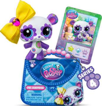 Littlest Pet Shop figurka panda z żółtą kokardą, fioletowo-biała, z opakowaniem niespodzianką i kartą.