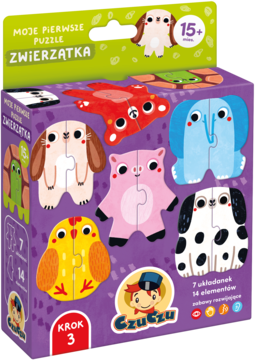 Pudełko puzzli Czuczu Moje Pierwsze Zwierzątka. Fioletowe opakowanie z ilustracjami uroczych zwierząt, widok z boku i góry.