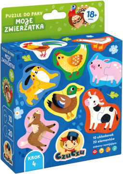 Puzzle CzuCzu Moje Zwierzątka 18m+, kolorowe pudełko z ilustracjami farmy: psa, krowy, kaczki. Widok przód.