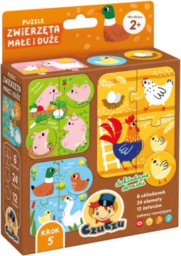 Pudełko puzzli Czuczu "Zwierzęta Małe i Duże" dla dzieci 2+, widok z przodu. Zawiera 6 układanek z zwierzętami gospodarskimi.